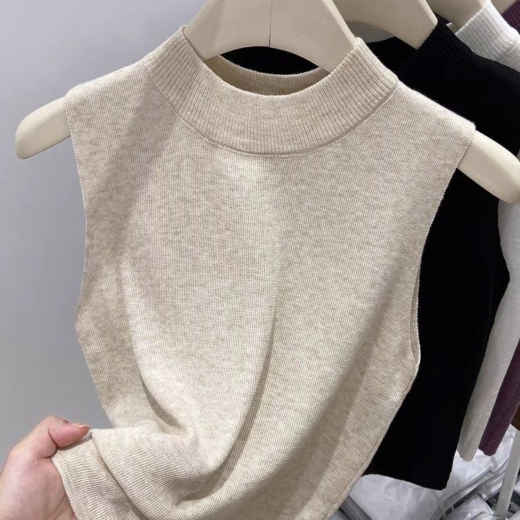 Versatile Sweater Knitted Slim Solid Color Base Layer Camisole Tank Top High Neck Short Outer Wear Sleeveless Top