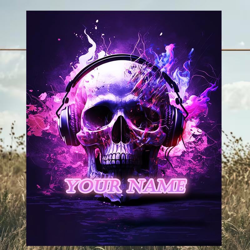 1PC Custom Name Skull Headphones Artwork outdooor Flannel blankets Patterns Throw Blanket All-Season Soft Gift for Couch, Bed, Camping gifts