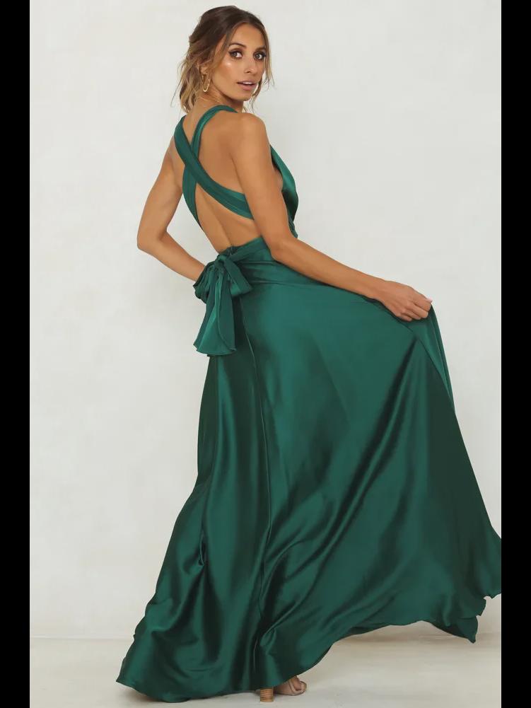 Europäisches und amerikanisches Abendkleid aus Satin mit tiefem V-Ausschnitt für Damen – eleganter, einfarbiger, langer Rock