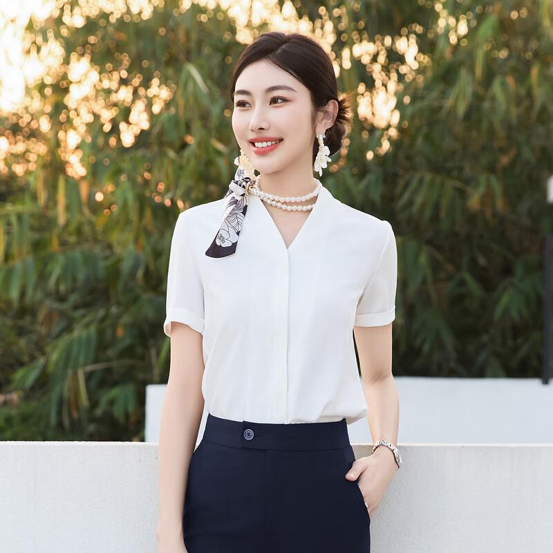 Tromaan Women s V-Neck Short Sleeve White Blouse L