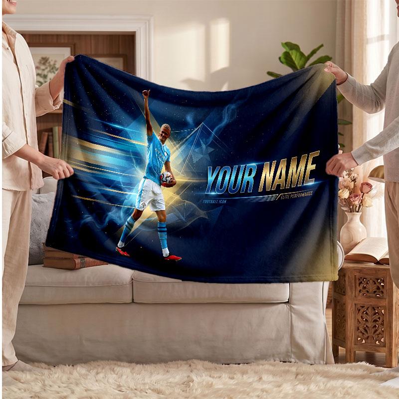 Erling Haaland Personalized Fleece Blanket With Football Logo, Custom Name Text Soft Warm Home Throw Blanket