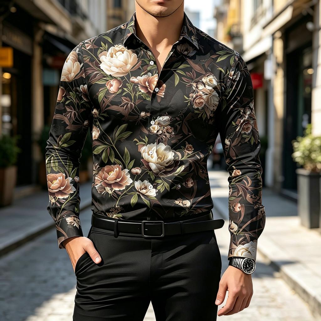 Men's collared slim-fit long-sleeved shirt, floral drape shirt, French street style vacation light luxury cardigan top