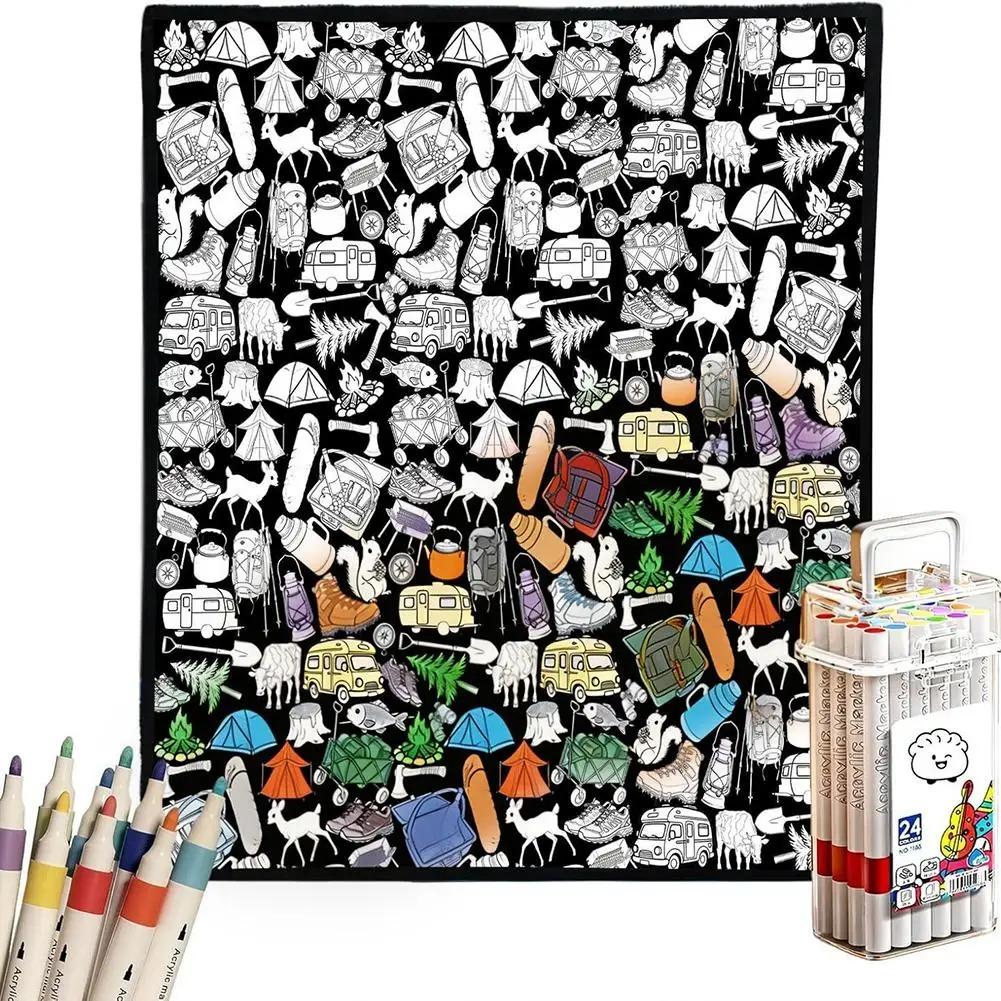 DIY Coloring Blanket With 24 Color Acrylic Markers Floral Theme Cloth Painting Throw Blanket For Sofa Bedroom Decor Gift