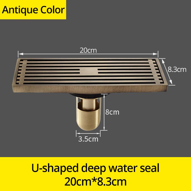 Drains Antique Brass Bathroom Linear Shower 8*20cm Floor Drain Wire Strainer Art Carved Cover Waste Drain Bathroom Fitting B8029