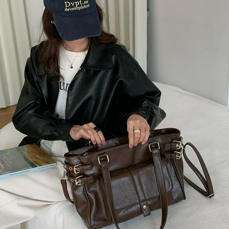New Retro Coffee Color Versatile Large Capacity Commuting Tote Bag, College Style Single Shoulder Crossbody Bag