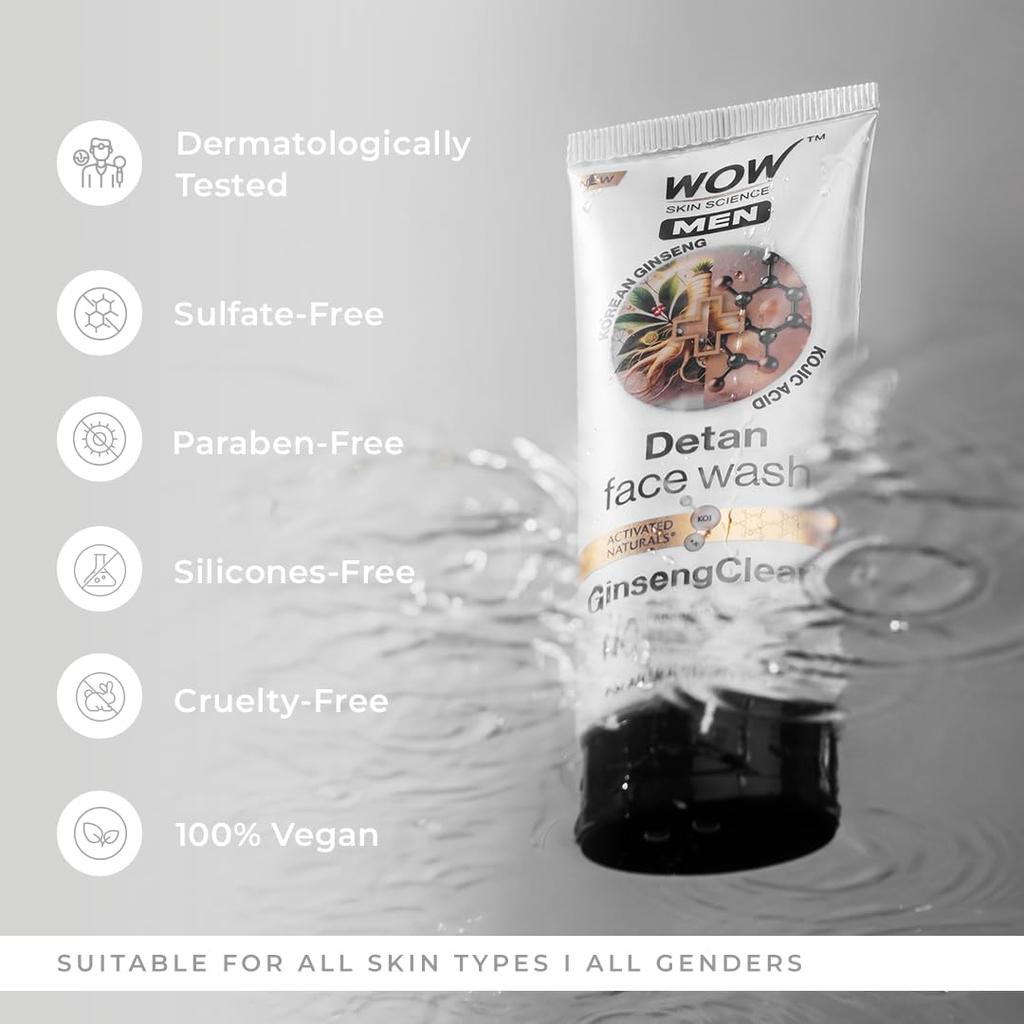 WOW Skin Science Men Korean Ginseng + Kojic Acid Detan Face Wash Gel 100ml For Clear Even Skin Tone