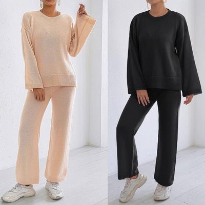Home Set Loose Comfortable Casual Solid Color Long Sleeve Top Pullover Sweater Women Straight Wide Leg Pants Two-piece Set