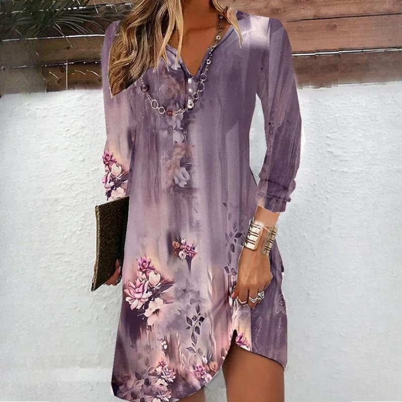 Women's Fashion Autumn Winter Solid Color Print Long Sleeve V-Neck High Waist Casual Dresses