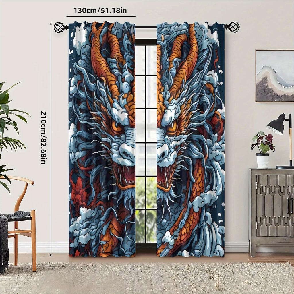 Dragon Curtains - Retro Asian-Inspired Blackout Curtains with Vibrant Dragon & Cloud Design    Polyester Machine Wash