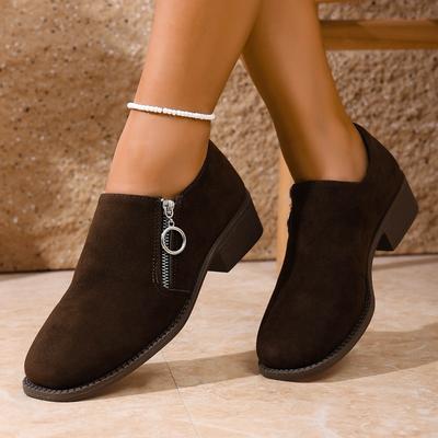 Plus Size Single Shoes Autumn New Round Toe Deep Mouth Suede Side Zipper Non-Slip Wear-Resistant Block Heel Shoes