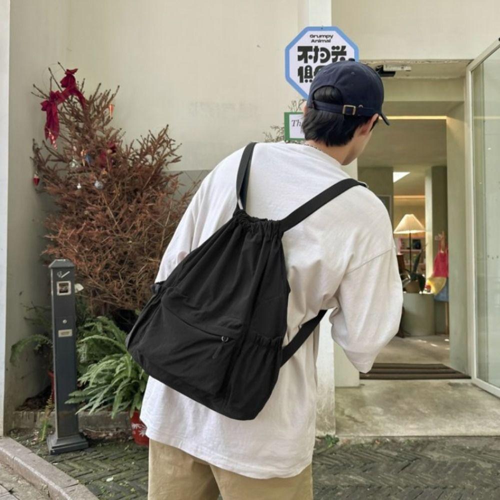 Light Weight Nylon Shoulder Bag Large Capacity High School Bag Drawstring Backpack Girls Boys