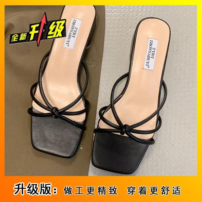 Korean version of thin belt fairy gentle thick heel slippers summer wear two wear French evening sandals women's 2025 new models