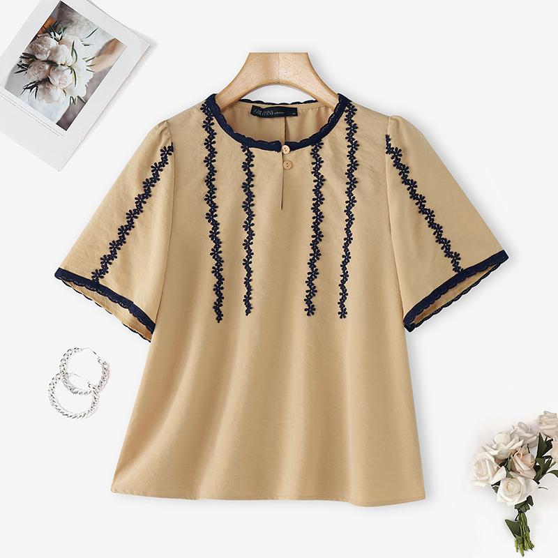 

ZANZEA Женская блузка с круглым вырезом, летняя, повседневная, с коротким рукавом 2XL хаки