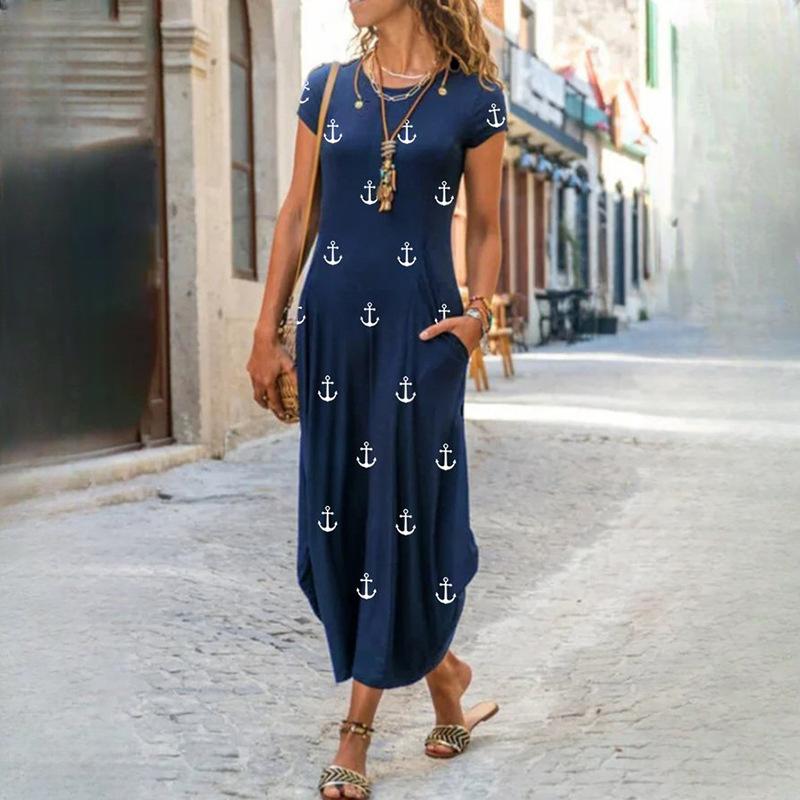 IHUASU Women's O Neck Plug Pocket Short Sleeve Trendy Printed Dresses