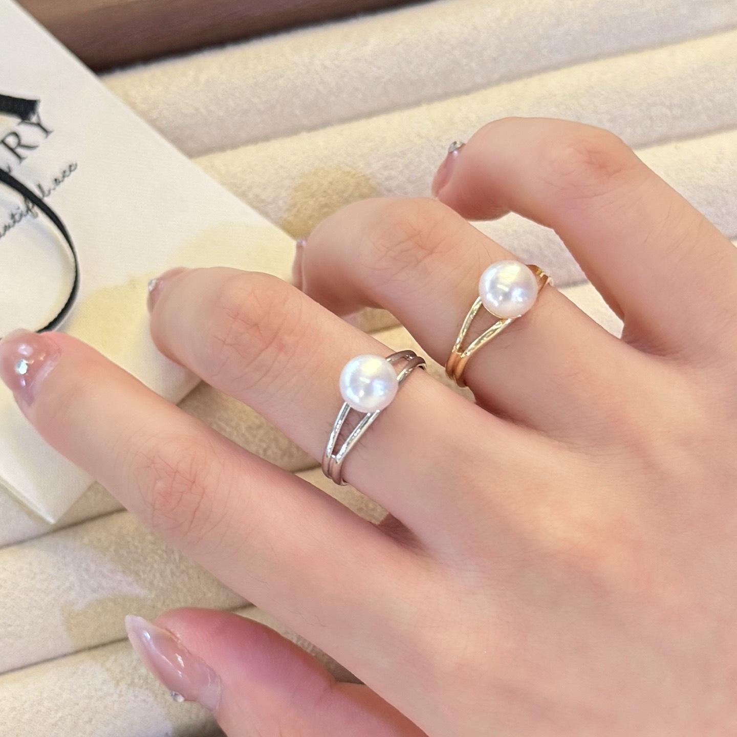Double Solitaire Ring with 6A 7-8mm Natural Freshwater Pearls, Button Shape, Mirror Luster - Elegantly Gift-Ready. 7-8mm