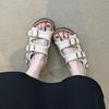Cowhide version~ thick-soled belt buckle women's outer wear open-toed casual one-word sandals versatile height-enhancing beach shoes