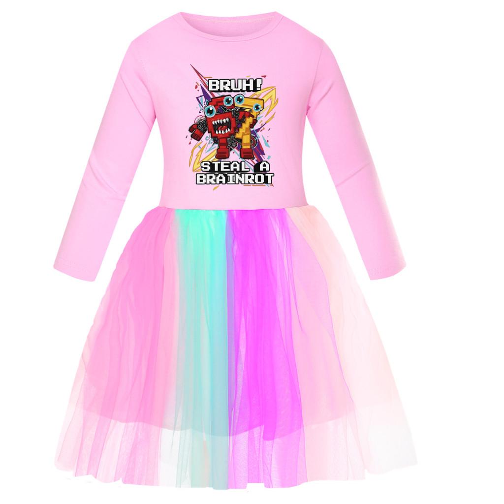 5227 Kids Girls Steal a Brainrot 67 Six Seven Print Mesh Rainbow Round Neck Casual Casual Cotton Dress