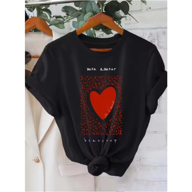 

Womens Casual Short Sleeve TShirt with Red Dotted Heart Graphic Print Summer Short Sleeved Harajuku Streetwear Tops Tees S