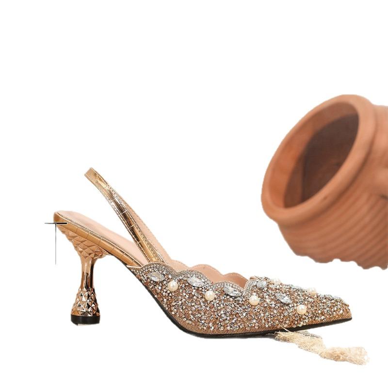 Dámské Sandály na Vysokém Podpatku s Kamínky Letní Dámské Sexy Lodičky s Otevřenou Patou a Špičatou Špičkou Módní Elegantní Společenské Boty na Podpatku