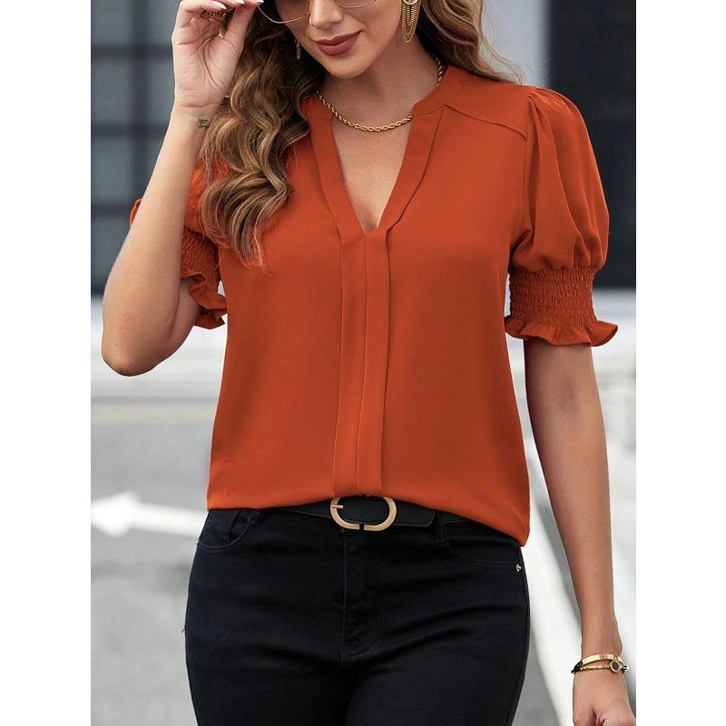 Women's summer new V-neck pure color fashion temperament bubble sleeve pure color shirt blouse