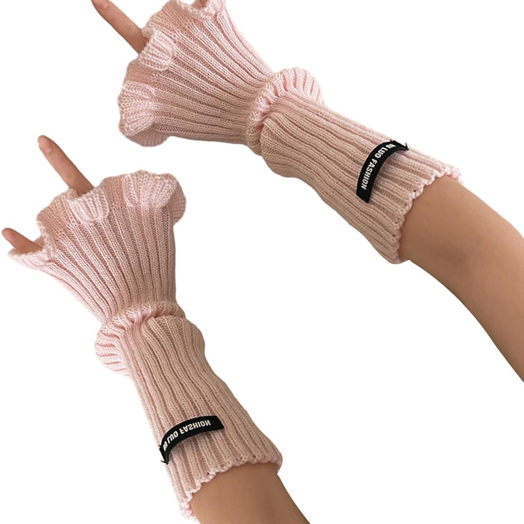 Winter Knit Trumpet Edge Trim Long Sleeve Arm Warmer Women Fingerless Gloves Thicken Outdoor Cycling Skiing Gloves
