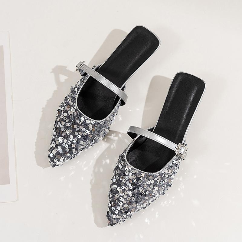 Pointed Sequin Cloth Mesh Breathable Metal Buckle with Non-slip Low Heel Sandals Spring New Bao Toe Slippers