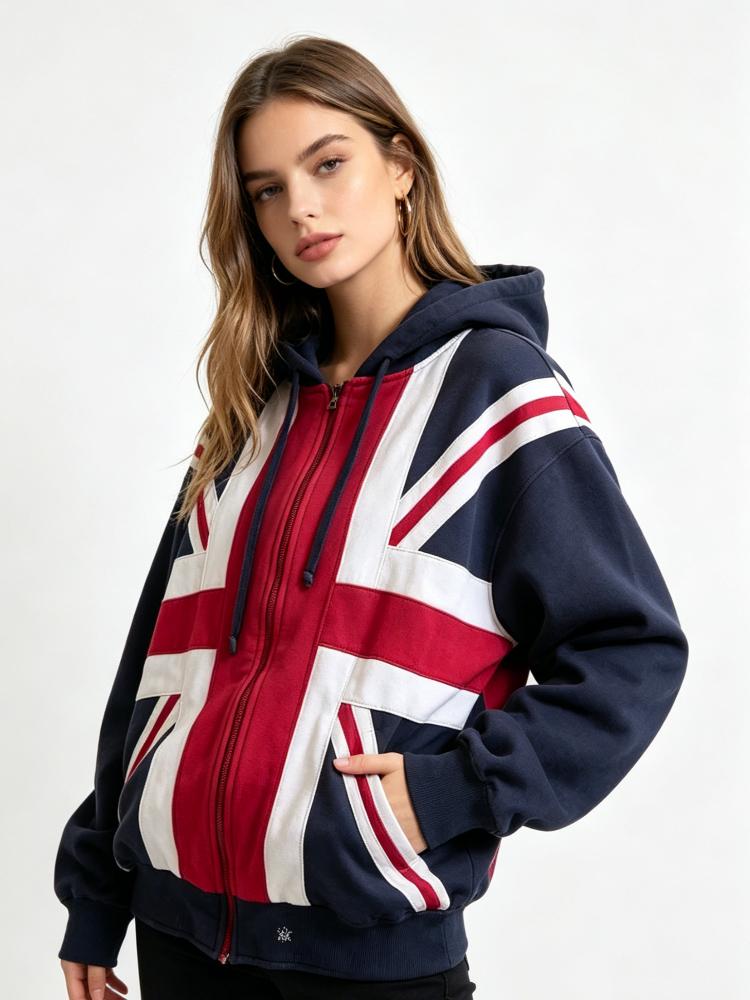 Harajuku Style Full Zipper Hooded Jacket, Retro British Flag Print, Street Casual Daily Men's and Women's Hoodie