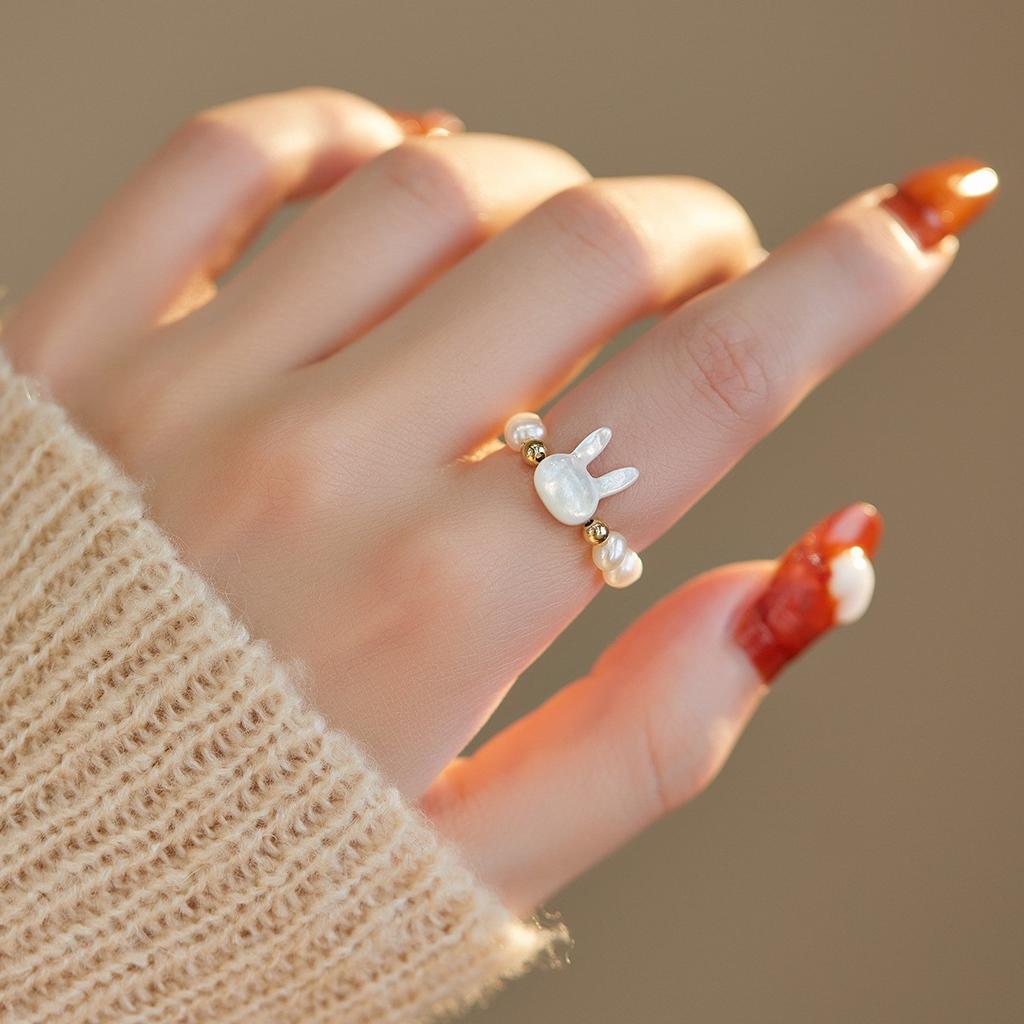 Shopkeeper's Recommendation Original design rabbit mother-of-pearl freshwater pearl rabbit ring joint tail ring for Japanese and Korean women