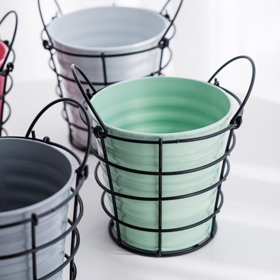 Storage Bucket with Iron Frame Hanging Planter Basket Balcony Flower Pot Hanger Home Decoration Vase with Handle for Living Room Courtyard