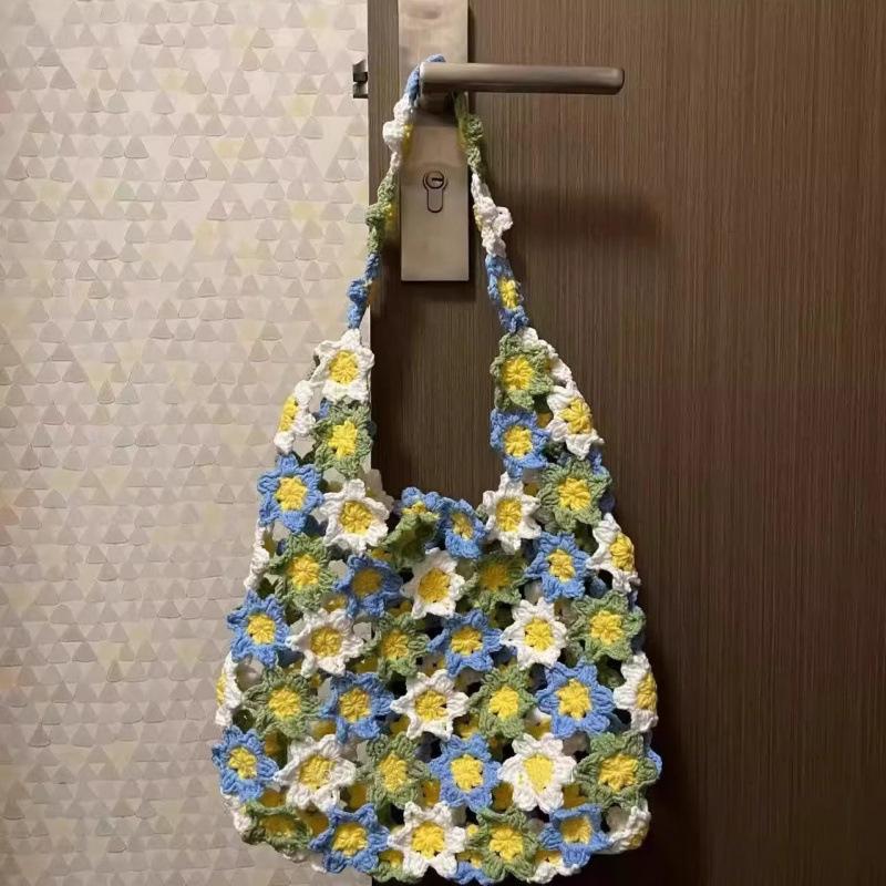 Handmade Crochet Floral Print Shoulder Bag - Summer Gift for Her