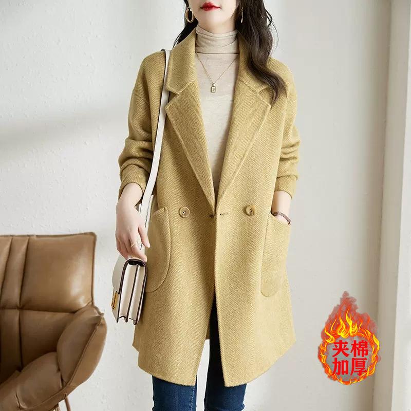 Woolen Jacket Women'S New Autumn And Winter Temperament Thickened Medium And Long Herringbone Pattern Woolen Coat