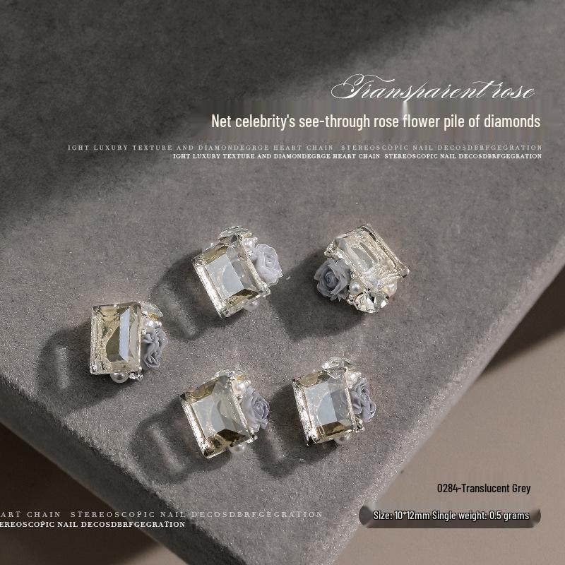 

Celebrity-Style Long Rectangle Nail Art Rhinestones - Transparent White Crystal with Rose Flower Design