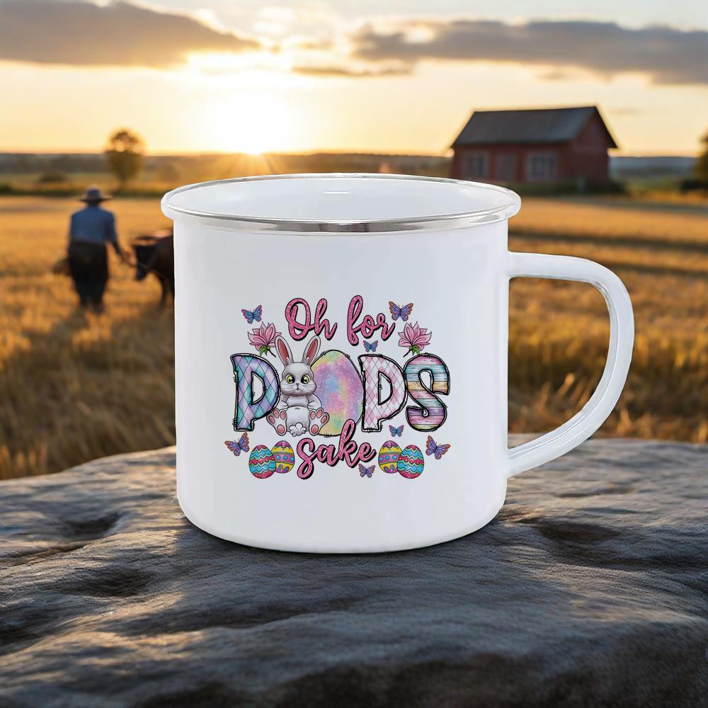Cute Rabbit Pattern Breakfast Cups Soft Charming Color Milk Cola Mug For Camping Hiking Safe Durable UseHappy Easter Enamel Mug