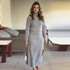 2024 Autumn Women's Solid Color Semi-High Neck Slim-Fit Knitted Long Dress Two-Piece Set