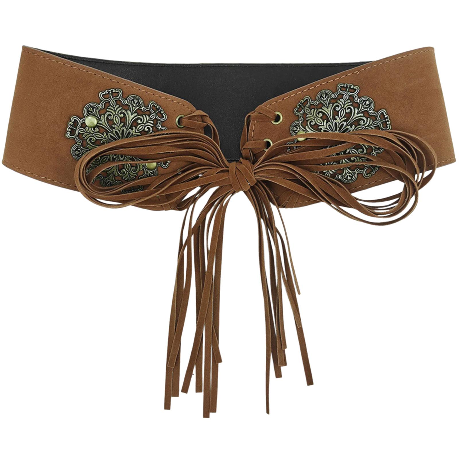 

Богемный пояс на талии из замши со шнуровкой, винтажный резной декор, пояс с кисточками, завязывающийся корсет, подходящий пояс для путешествий верблюд