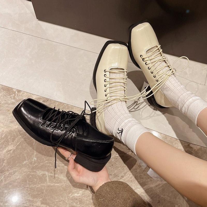 French square head Mary Jane small leather shoes spring niche large size high heels retro thick heel ballet shoes