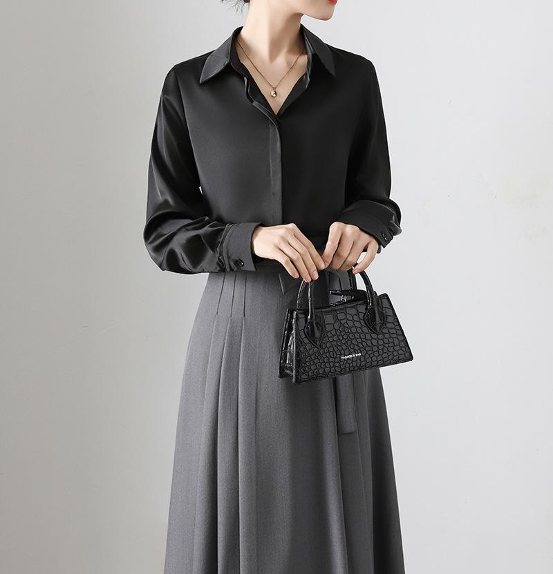 Women's Retro Satin Loose-Fit Long Sleeve Shirt - Hidden Placket, Hong Kong Style, Light Luxury for Spring & Autumn