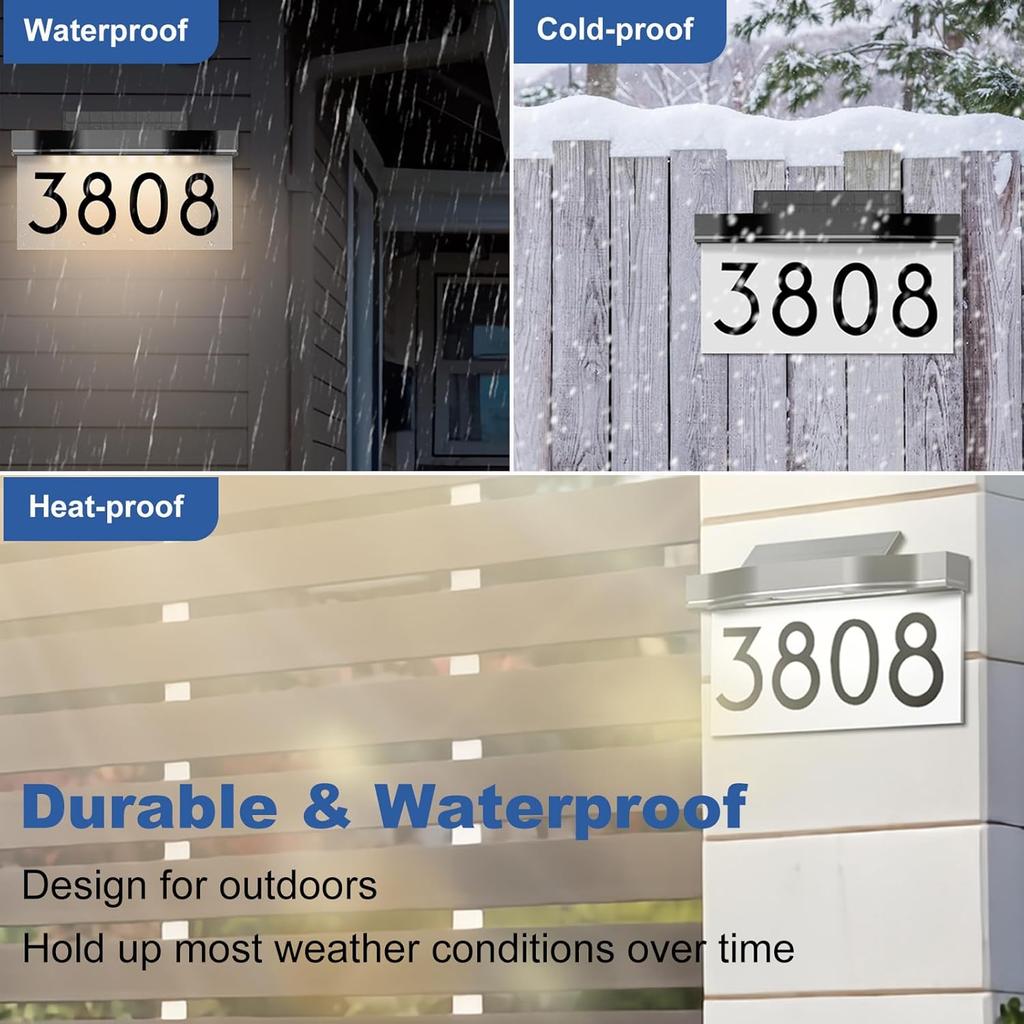 Solar Address Sign for House, Custom Modern House Numbers for Outside Light Up, Outdoor Waterproof Auto LED Lighted Home Address Numbers Plaque with