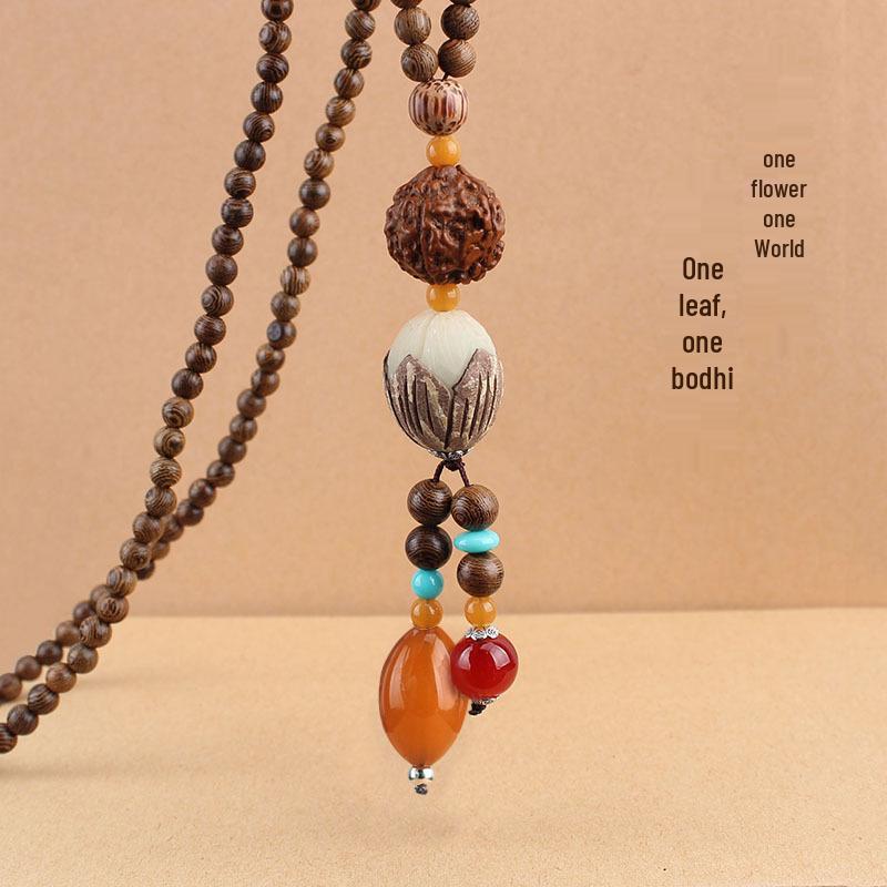 Ethnic Style Bodhi Sweater Necklace with Cotton Linen and Wood Prayer Beads