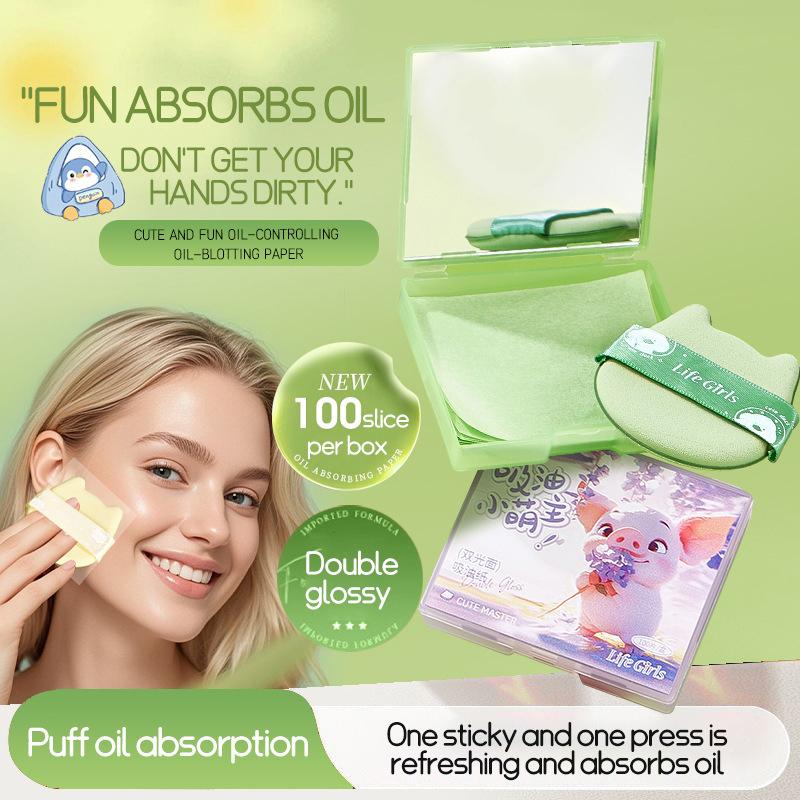 100 Sheets Facial Oil-Blotting Paper With Case Mirror Puff For Makeup Setting Portable Oil-Control Oil-Absorbing Wood Pulp Paper