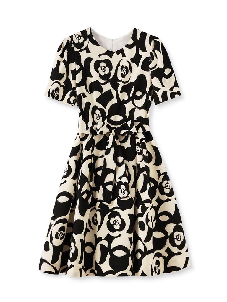 Light Luxury Camellia Print High Waist Slimming Dress