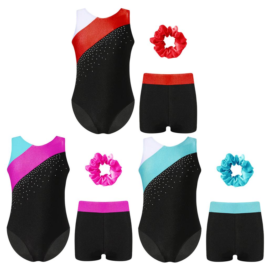 Girls Gymnastics Outfit Set Sleeveless Rhinestone Leotard with Matching Shorts and Hair Accessory