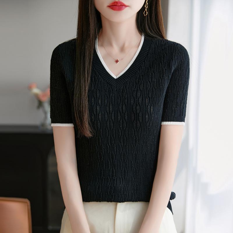 

Ажурный вязаный свитер из хлопка, футболка с коротким рукавом для женщин, летний новый стиль, большой размер, топ, закрывающий живот, тонкий женский XXL