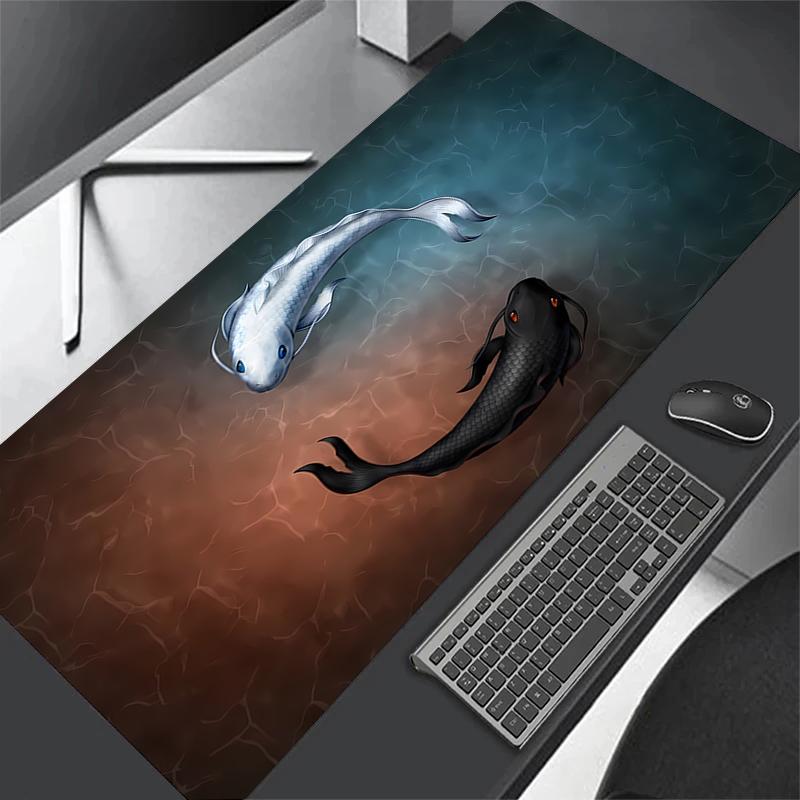 Japanese Desk Mat Black & White Mouse Pad Koi Fish Japan Art Seal Yin-yang Fish Large XXL Gaming Deskmat Rubber Mousepad 80x30
