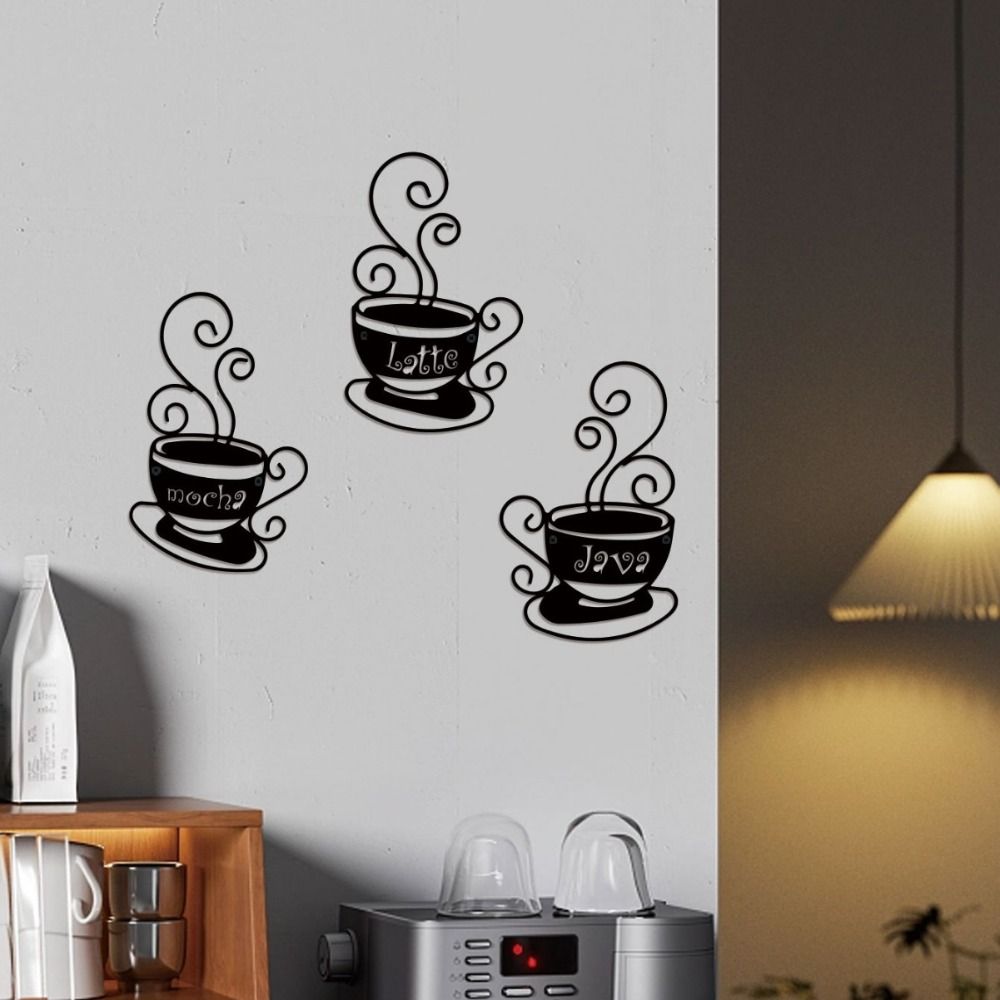 3Pcs Art Wall Hanging Metal Background Pendant Crafts Coffee Cup Wall Decoration Gift