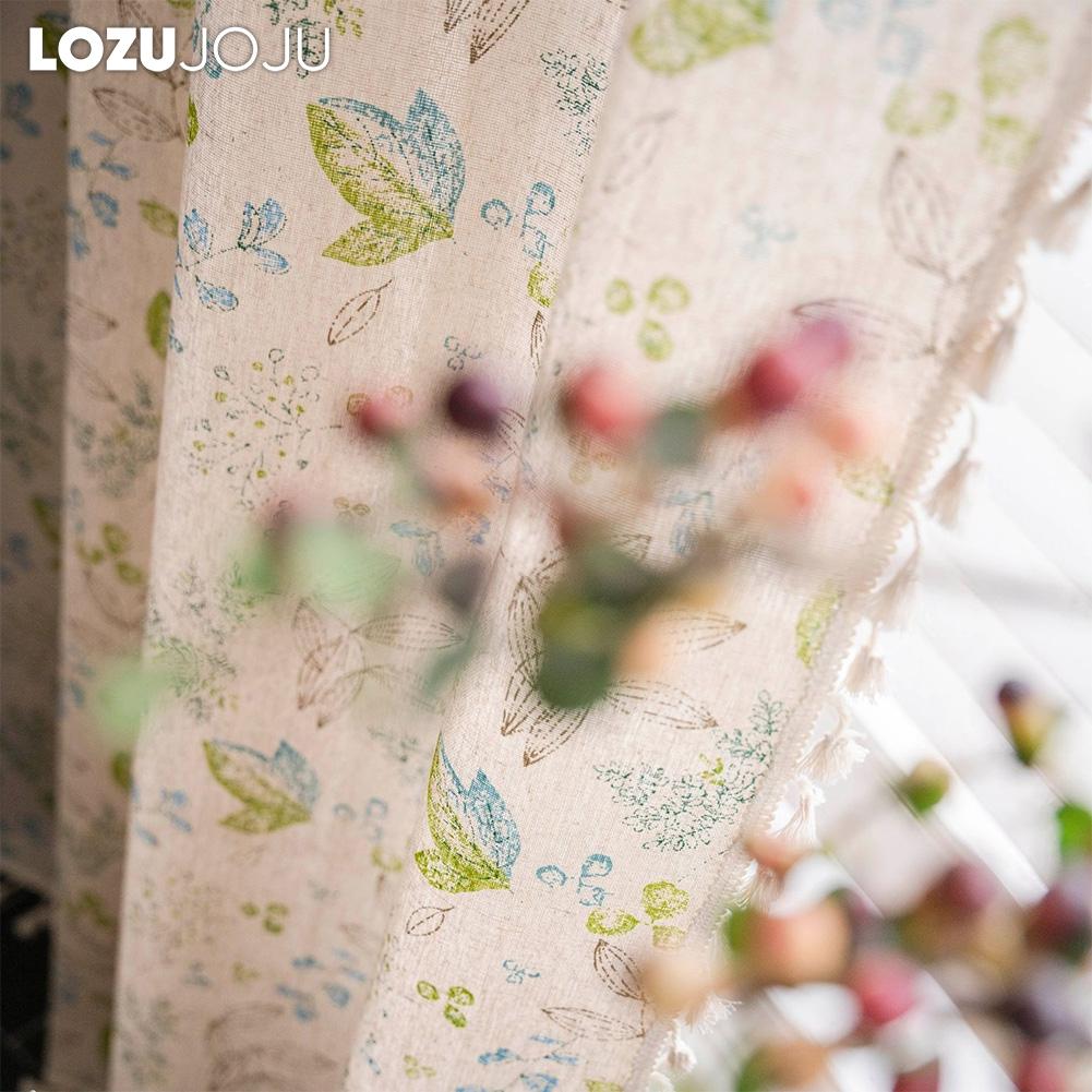 1PC LOZUJOJU Cotton and Linen Printed Beige Tassel Semi Blackout Curtains for Small Windows Balcony Home Decor