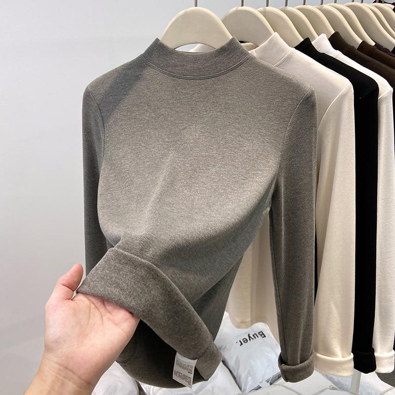 Autumn/Winter 2025 Women's Ribbed Half-High Neck Velvet-Lined Base Layer Shirt with Stand Collar