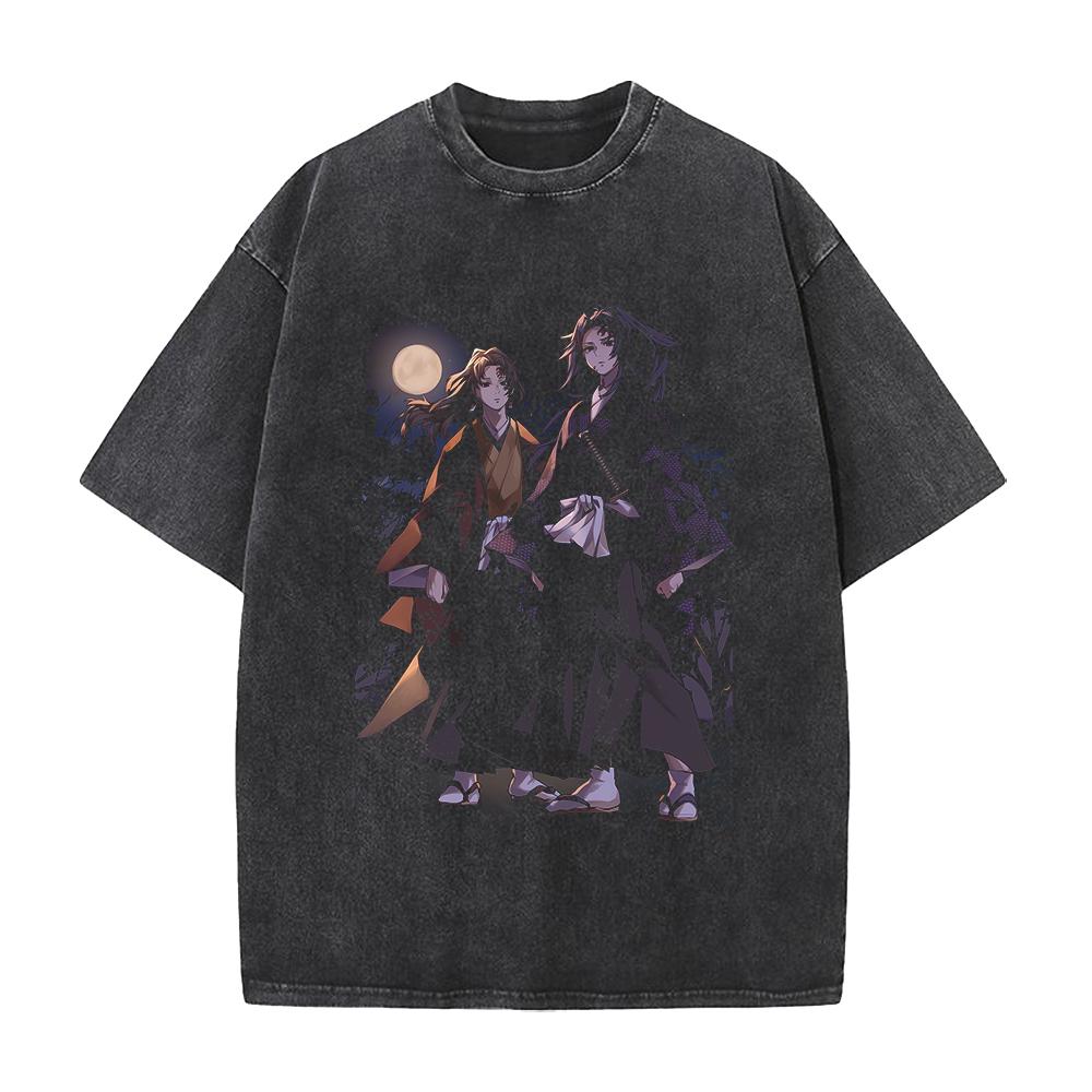 Tsugikuni Yoriichi Kokushibo Print T-shirt Demon Slayer Anime Clothing Men Cotton Tshirts Vintage Washed Tee T Shirt S