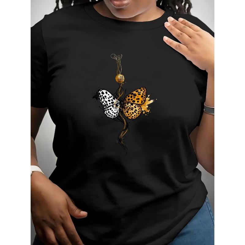 

European Size Butterfly and Leopard Print Crew Neck T-shirt | Casual Short-sleeved,Regular Fit, Suitable for All Seasons, Women S Clothing 4XL