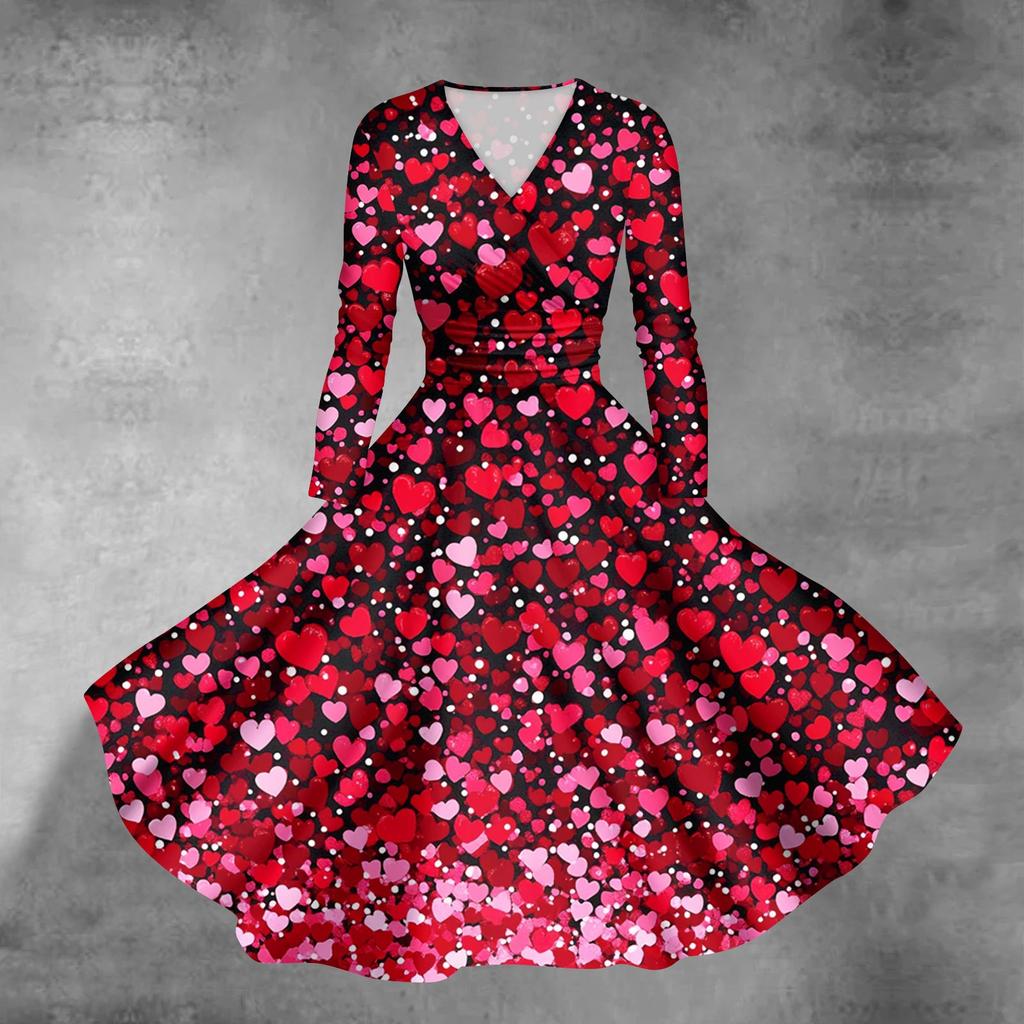 Women's Fashion Casual Valentine's Day Printed Long Sleeve V-Neck Sexy Dresses